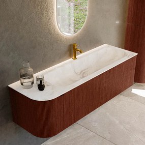 Mondiaz Kurve-dlux 145cm badmeubel ronding links ruby met 1 lade en deur en wastafel big large kraangat rechts frappe