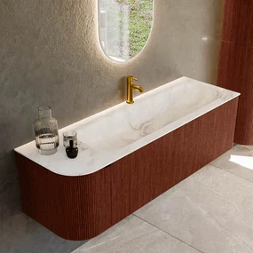 Mondiaz Kurve-dlux 145cm badmeubel ronding links ruby met 1 lade en deur en wastafel big large kraangat rechts frappe