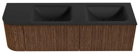 Mondiaz Kurve 155cm badmeubel ronding links walnut met 2 lades en 1 deur en wastafel cloud dubbel/rechts 2 kraangaten urban