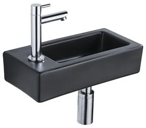 QeramiQ Fuente Fonteinset - 37.5x18.5x9cm - keramiek - kraangat links - fonteinkraan chroom - afvoerplug - verlaagd sifon - Mat Zwart SW1122451/SW696209/SW696219/SW696234