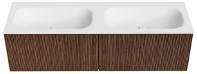 Mondiaz Kurve 150cm badmeubel walnut met 2 lades en wastafel big small dubbel 2 kraangaten
