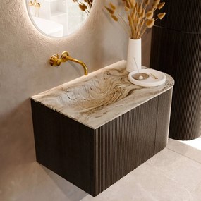 Mondiaz Kurve-dlux 75cm badmeubel ronding rechts shadow met 1 lade en deur en wastafel grunne links zonder kraangat glace