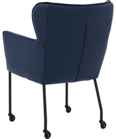 Goossens Excellent Eetkamerstoel Leogang blauw leer met armleuning en met wielenZwart skater wiel met zwarte kap, elegant chic