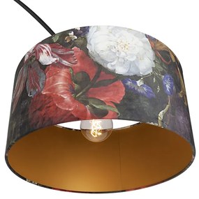 Booglamp zwart velours kap bloemen dessin 50 cm - XXL Modern E27 cilinder / rond rond Binnenverlichting Lamp