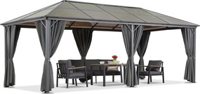 Milos tuinhuisje 3x6m met grijze gordijnen en muggengaas Tuinpunt