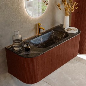 Mondiaz Kurve-dlux 120cm badmeubel ronding links/rechts ruby met 1 lade en 2 deuren en wastafel big small midden 1 kraangat lava