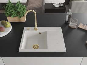 Mexen Ben granit gootsteen 1-komorig met afdruipgedeelte, links 600 x 500 mm, wit, gouden sifon - 6522605000-20-G