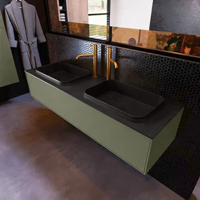 Mondiaz Erin 150cm badmeubel Army met 1 lade en zwarte wastafel dubbel 2 kraangaten