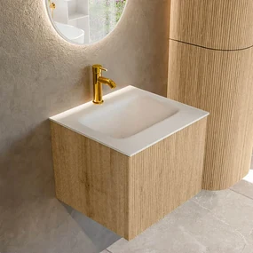 Mondiaz Kurve 50cm badmeubel oak met 1 lade en wastafel grunne midden 1 kraangat