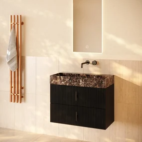 Muebles Murcia badmeubel ribbelfront 80cm zwart mat met Dark Emperador wastafel zonder kraangat