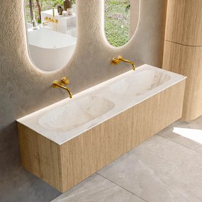 Mondiaz Kurve-dlux 150cm badmeubel oak met 2 lades en wastafel stor small dubbel zonder kraangat frappe