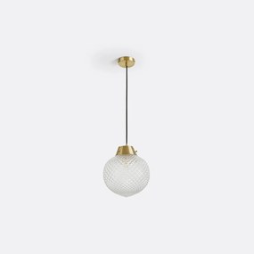 Hanglamp in gebeiteld glas en used messing