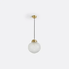 Hanglamp in gebeiteld glas en used messing