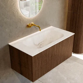 Mondiaz Kurve-dlux 90cm badmeubel walnut met 1 lade en wastafel big small midden zonder kraangat frappe
