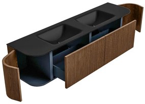 Mondiaz Kurve 180cm badmeubel ronding links/rechts walnut met 2 lades en deuren en wastafel cloud dubbel zonder kraangat urban