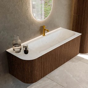 Mondiaz Kurve-dlux 125cm badmeubel ronding links walnut met 1 lade en deur en wastafel big medium kraangat rechts opalo