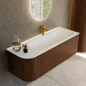 Mondiaz Kurve-dlux 125cm badmeubel ronding links walnut met 1 lade en deur en wastafel big medium kraangat rechts opalo