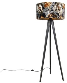 Vloerlamp tripod zwart met kap bloemen 50 cm - Tripod Classic Klassiek / Antiek E27 rond Binnenverlichting Lamp