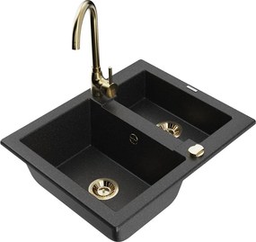 Mexen Carlos granieten spoelbak 1,5 -kompartment met Telma keukenkraan, zwart/zilver metallic - 6518-73-670200-50