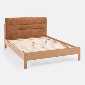 Eikenhouten bed met lattenbodem en gestoffeerd hoofdbord, Talet