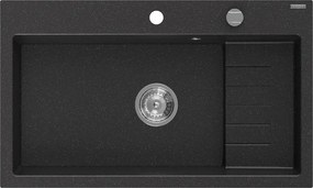 Mexen Omar granieten spoelbak 1-baks 800 x 480 mm, zwart/zilver metallic, chromen sifon - 6520801005-73