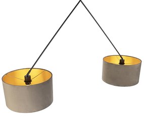Hanglamp zwart met velours kappen taupe met goud 35 cm 2-lichts - Blitz