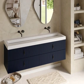 Muebles Estella badmeubel ribbelfront 160cm marine blauw met solid surface wastafel zonder kraangaten