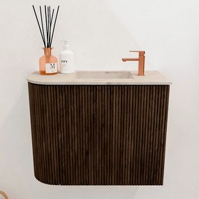 Mondiaz Joya DLux 50cm toiletmeubel ronding links walnut met wastafel faye rechts 1 kraangat frappe