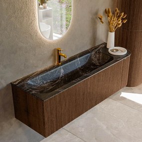 Mondiaz Kurve-dlux 145cm badmeubel ronding rechts walnut met 1 lade en deur en wastafel big large kraangat links lava
