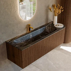 Mondiaz Kurve-dlux 145cm badmeubel ronding rechts walnut met 1 lade en deur en wastafel big large kraangat links lava