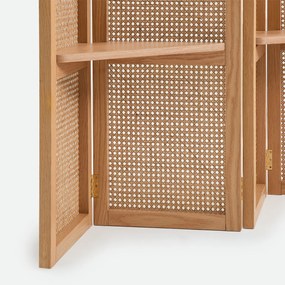 Kamerscherm met 4 panelen, 6 planken, van massief eikenhout, gefineerd en met rietvlechtwerk, MATHEO
