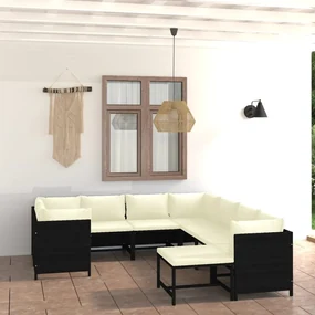 vidaXL 9-delige Loungeset met kussens poly rattan zwart