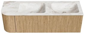 Mondiaz Kurve-dlux 145cm badmeubel ronding links oak met 1 lade en deur en wastafel leaf dubbel/rechts zonder kraangat frappe