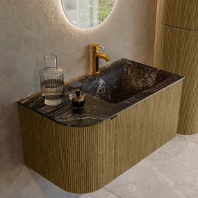 Mondiaz Kurve-dlux 85cm badmeubel ronding links dusk met 1 lade en deur en wastafel cloud kraangat rechts lava