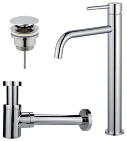 Fortifura Calvi Slim Wastafelkraanset - verhoogde wastafelkraan - klikwaste plug - verlaagde design sifon - Chroom SW377813/SW696203/SW696219