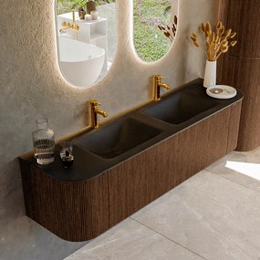 Mondiaz Kurve 170cm badmeubel ronding links/rechts walnut met 1 lade en 2 deuren en wastafel cloud dubbel 2 kraangaten urban