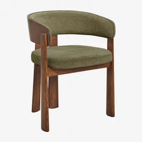Eetkamerstoel Met Armleuningen, Bekleed En Van Eikenhout Olea Donker Eiken Bruin & Chenille Legergroen - Sklum
