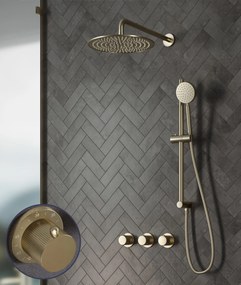 Saniclear Plus Stripes inbouw regendouche met 20cm hoofddouche, muurarm en glijstang geborsteld messing - mat goud
