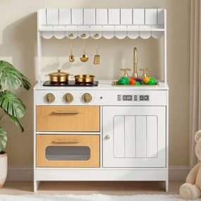 VEVOR Speelkeuken voor kinderen, Realistische houten speelkeuken met licht en geluid, Houten keuken met fornuis, oven, gootsteen, magnetron, kastjes, Keukenspeelgoed met kookset voor kinderen van 3-8 jaar, Beige