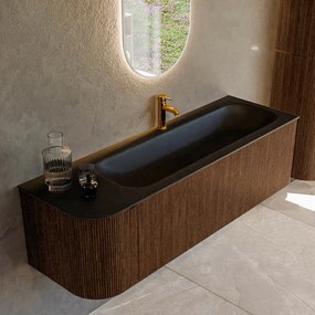 Mondiaz Kurve 145cm badmeubel ronding links walnut met 1 lade en deur en wastafel big large kraangat rechts urban