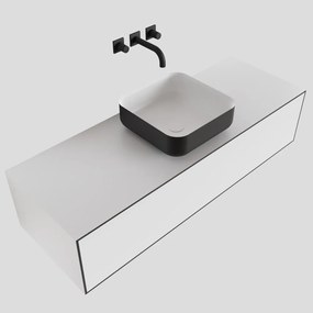 Zaro Lagom volledig naadloos solid surface onderkast met topblad 130cm mat zwart met 1 lades Push tot open. Compleet met solid surface opzetkom met 0 kraangat(en)