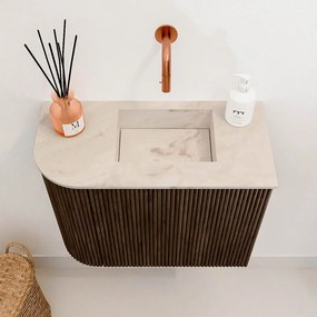 Mondiaz Joya DLux 50cm toiletmeubel ronding links walnut met wastafel faye rechts zonder kraangat frappe