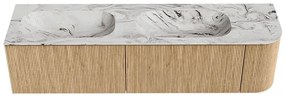 Mondiaz Kurve-dlux 175cm badmeubel ronding rechts oak met 2 lades en 1 deur en wastafel stor small dubbel/links zonder kraangat glace