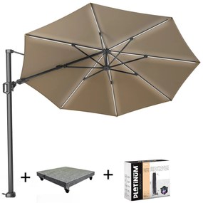 Challenger T2 glow zweefparasol 350 cm rond taupe met 120KG voet en hoes