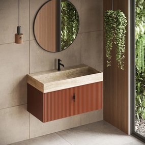 Muebles Zahora badmeubel ribbelfront 100cm terracotta met White Travertin wastafel met kraangat