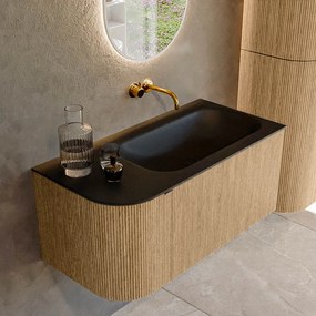 Mondiaz Kurve 95cm badmeubel ronding links oak met 1 lade en deur en wastafel big small rechts zonder kraangat urban