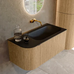 Mondiaz Kurve 95cm badmeubel ronding links oak met 1 lade en deur en wastafel big small rechts zonder kraangat urban