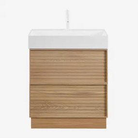 Badmeubelset 70x50 Cm Van Hout Met Geïntegreerde Wastafel Jolene Natuurlijk Hout & Spiegelloze & Wit ↑20 Cm Met Aftapkraan Zonder Overloop Orveta -