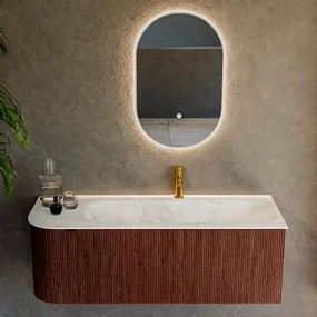 Mondiaz Kurve-dlux 125cm badmeubel ronding links ruby met 1 lade en deur en wastafel big medium kraangat rechts ostra