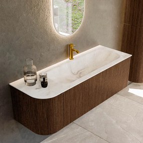 Mondiaz Kurve-dlux 135cm badmeubel ronding links walnut met 1 lade en deur en wastafel big medium kraangat rechts frappe